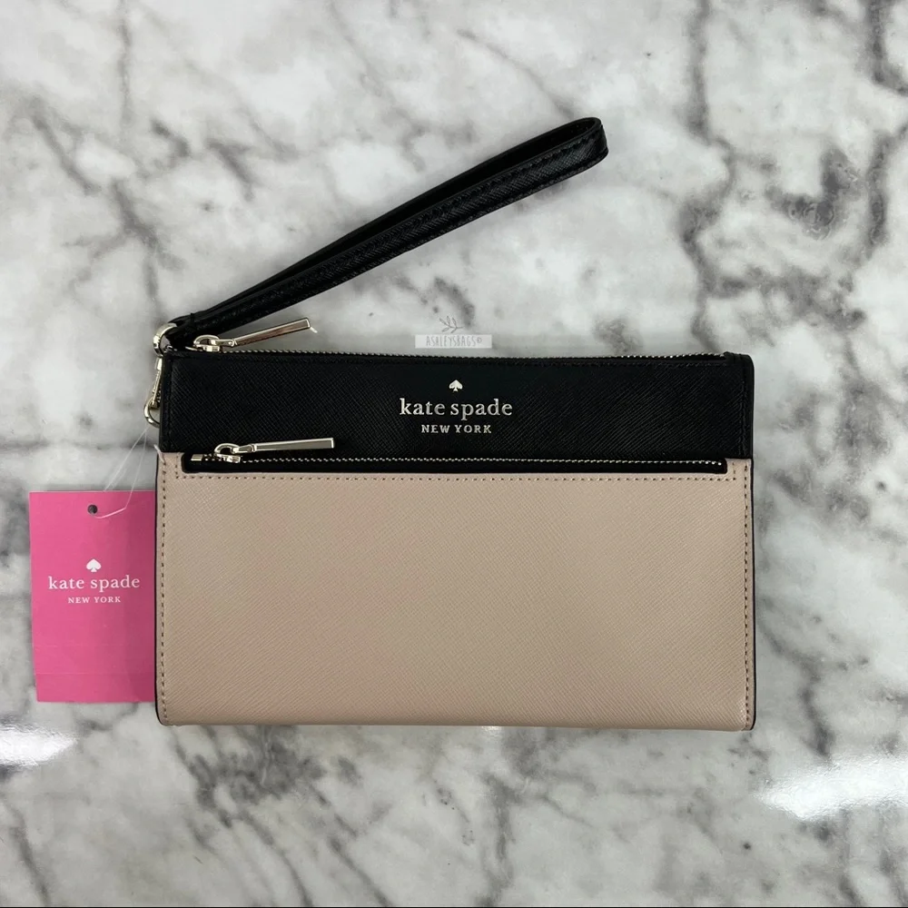 Kate Spade Staci Colorblock Leather Medium Wristlet Wallet In Warm Biege